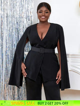 AOMEI Women V Neck Cloak Sleeve Black Blazers with Waist Belt