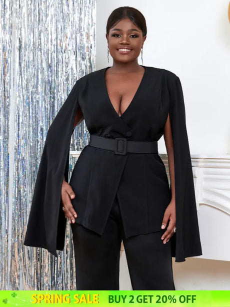 AOMEI Women V Neck Cloak Sleeve Black Blazers with Waist Belt