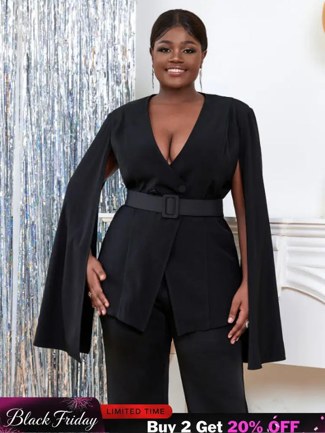 AOMEI Women V Neck Cloak Sleeve Black Blazers with Waist Belt