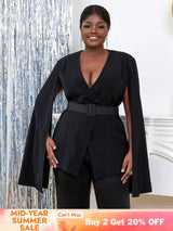 AOMEI Women V Neck Cloak Sleeve Black Blazers with Waist Belt