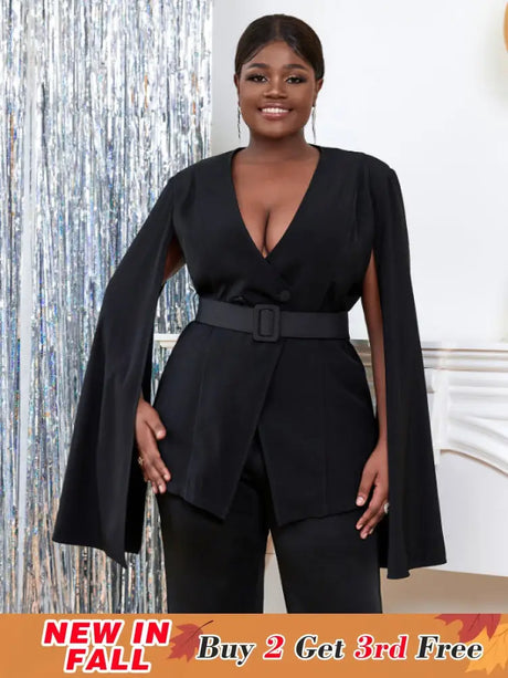 AOMEI Women V Neck Cloak Sleeve Black Blazers with Waist Belt