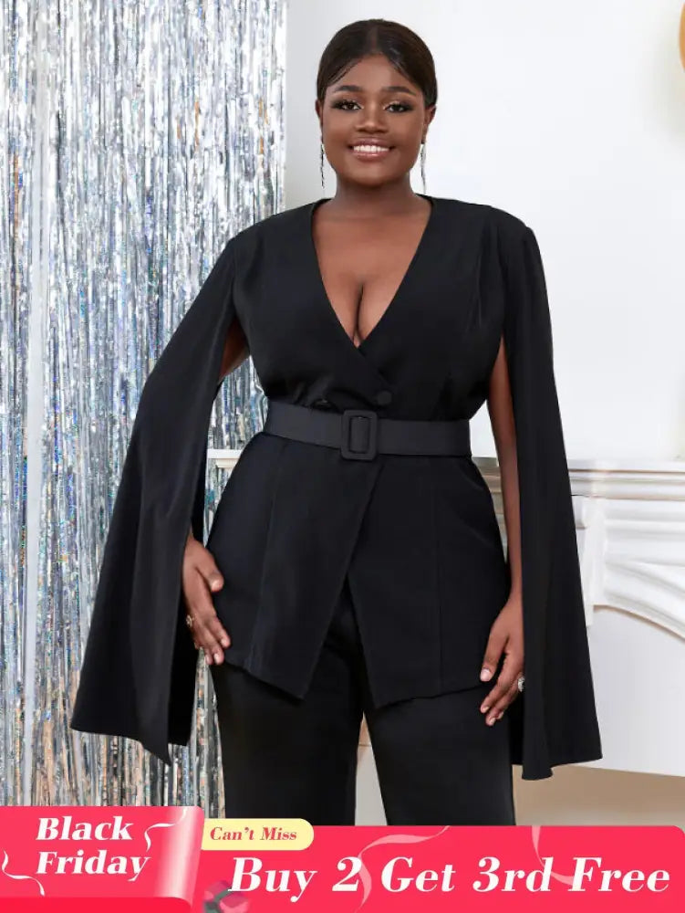 AOMEI Women V Neck Cloak Sleeve Black Blazers with Waist Belt