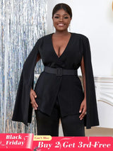 AOMEI Women V Neck Cloak Sleeve Black Blazers with Waist Belt