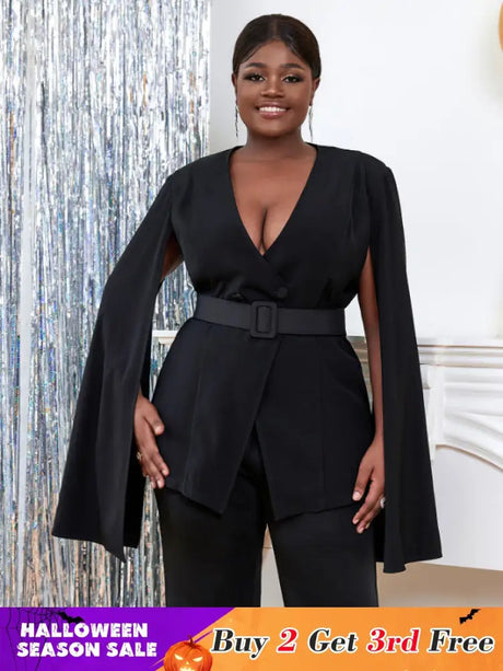 AOMEI Women V Neck Cloak Sleeve Black Blazers with Waist Belt