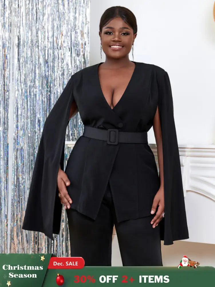 AOMEI Women V Neck Cloak Sleeve Black Blazers with Waist Belt