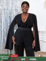 AOMEI Women V Neck Cloak Sleeve Black Blazers with Waist Belt