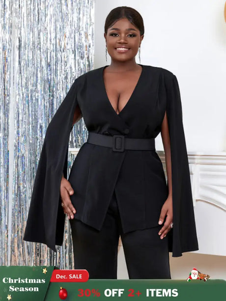 AOMEI Women V Neck Cloak Sleeve Black Blazers with Waist Belt