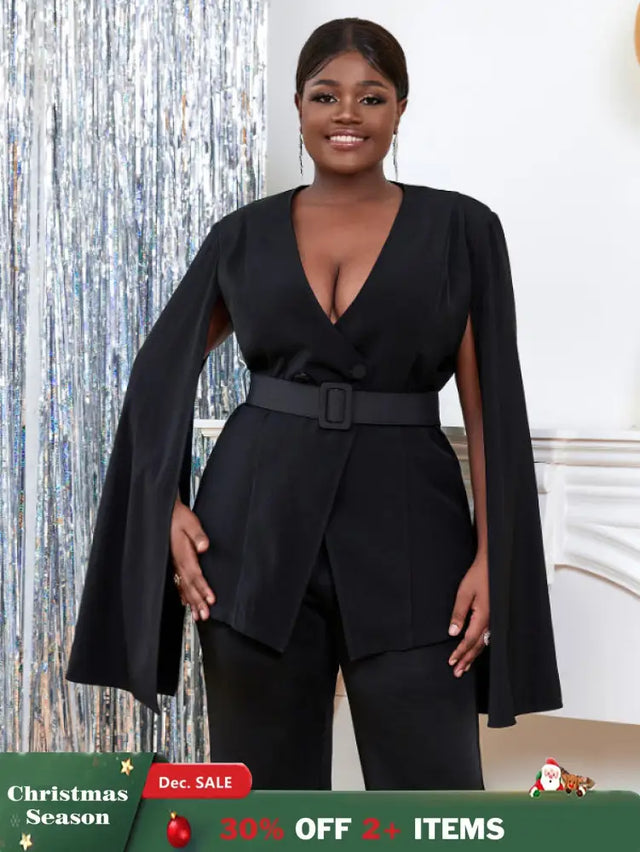 AOMEI Women V Neck Cloak Sleeve Black Blazers with Waist Belt
