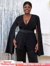 AOMEI Women V Neck Cloak Sleeve Black Blazers with Waist Belt
