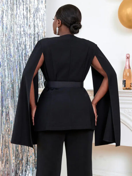 AOMEI Women V Neck Cloak Sleeve Black Blazers with Waist Belt