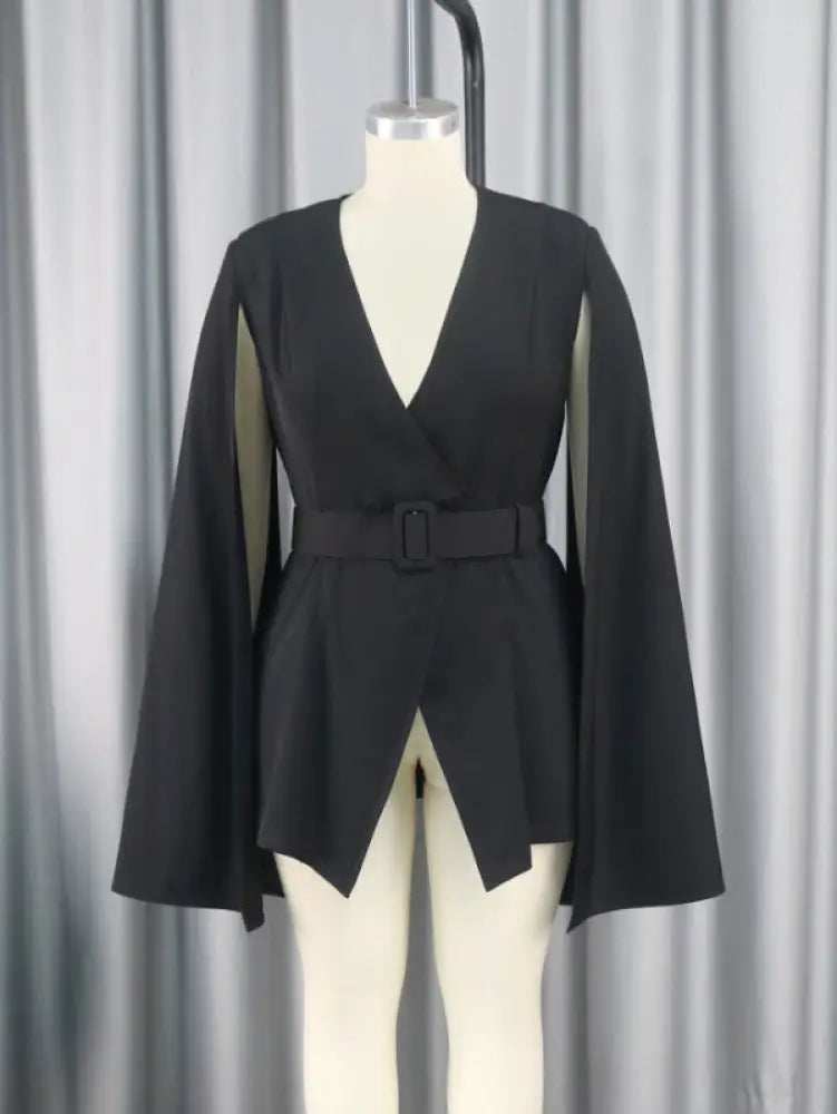 AOMEI Women V Neck Cloak Sleeve Black Blazers with Waist Belt