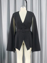 AOMEI Women V Neck Cloak Sleeve Black Blazers with Waist Belt