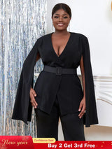 AOMEI Women V Neck Cloak Sleeve Black Blazers with Waist Belt