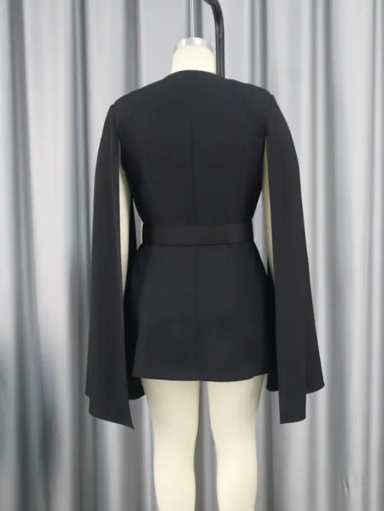 AOMEI Women V Neck Cloak Sleeve Black Blazers with Waist Belt
