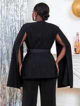 AOMEI Women V Neck Cloak Sleeve Black Blazers with Waist Belt