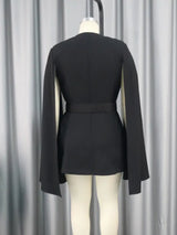 AOMEI Women V Neck Cloak Sleeve Black Blazers with Waist Belt