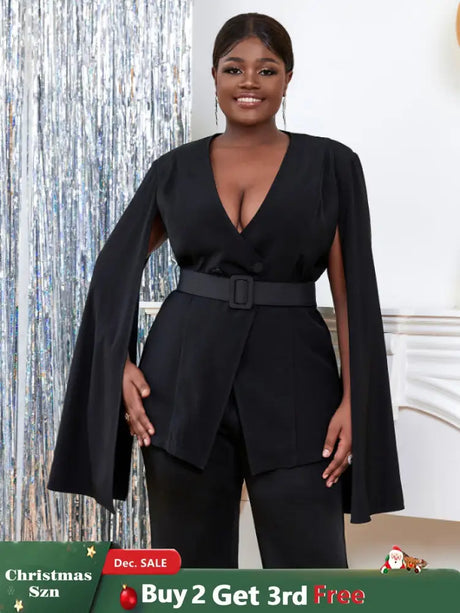 AOMEI Women V Neck Cloak Sleeve Black Blazers with Waist Belt