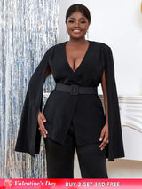 AOMEI Women V Neck Cloak Sleeve Black Blazers with Waist Belt