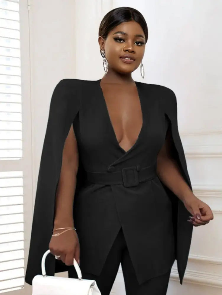 AOMEI Women V Neck Cloak Sleeve Black Blazers with Waist Belt Black / S