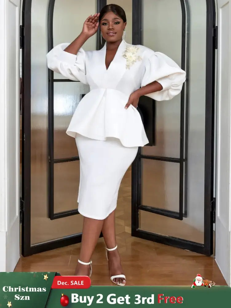 AOMEI Women White High Waist Peplum Top 2 Piece Set