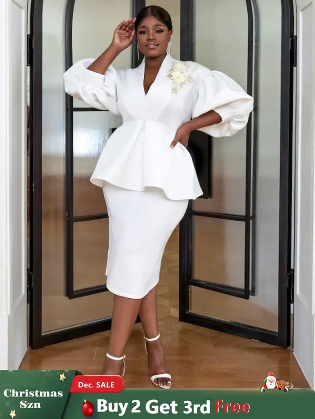 AOMEI Women White High Waist Peplum Top 2 Piece Set