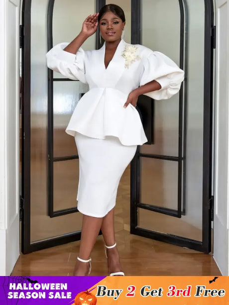AOMEI Women White High Waist Peplum Top 2 Piece Set