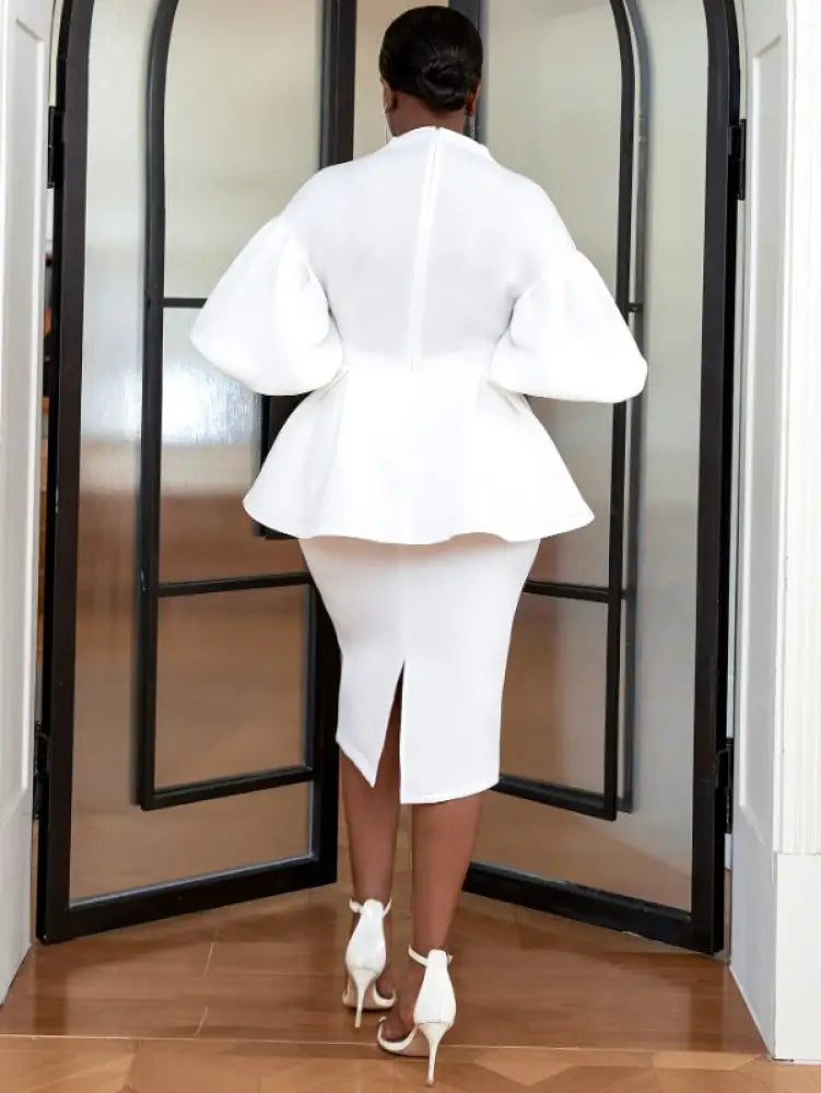 AOMEI Women White High Waist Peplum Top 2 Piece Set