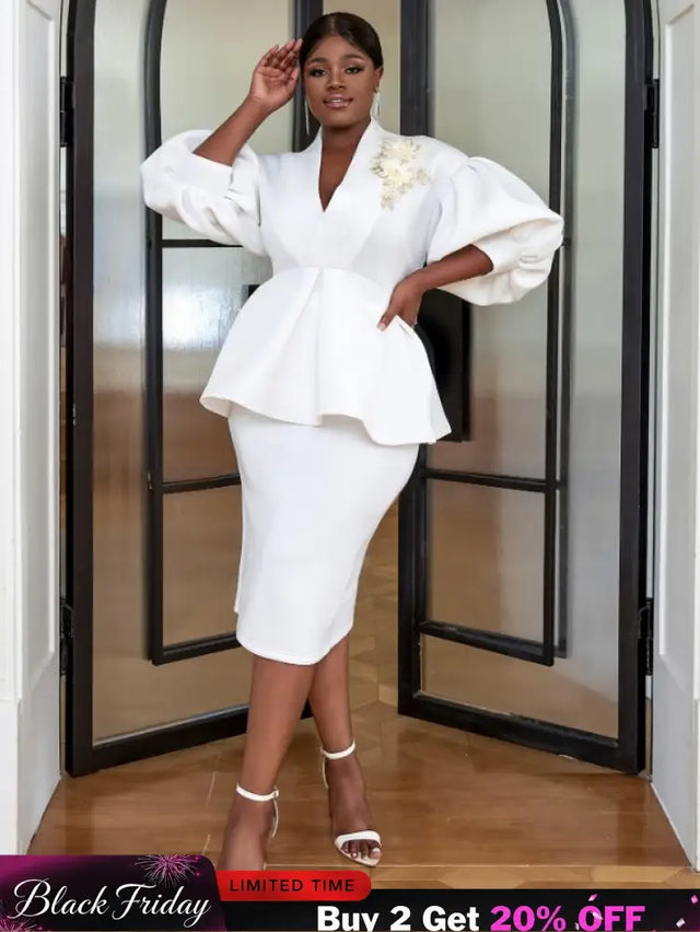 AOMEI Women White High Waist Peplum Top 2 Piece Set