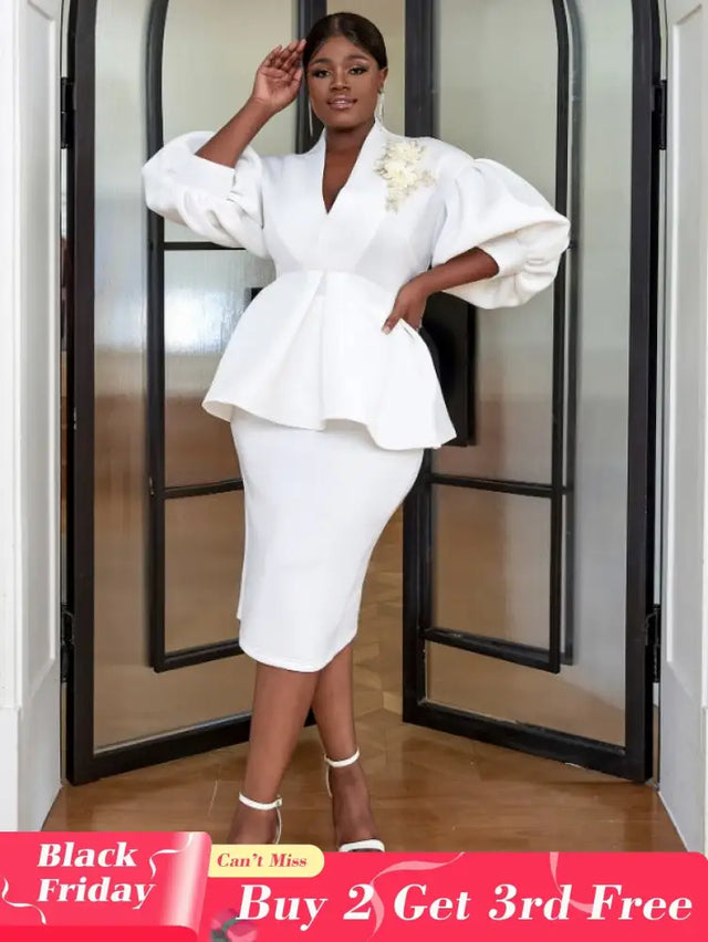 AOMEI Women White High Waist Peplum Top 2 Piece Set