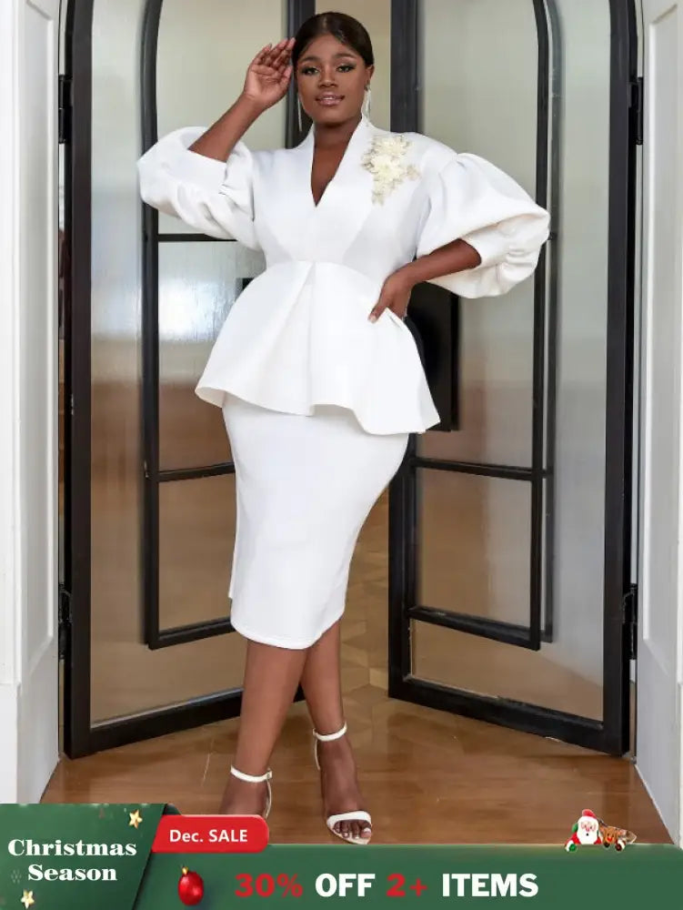 AOMEI Women White High Waist Peplum Top 2 Piece Set