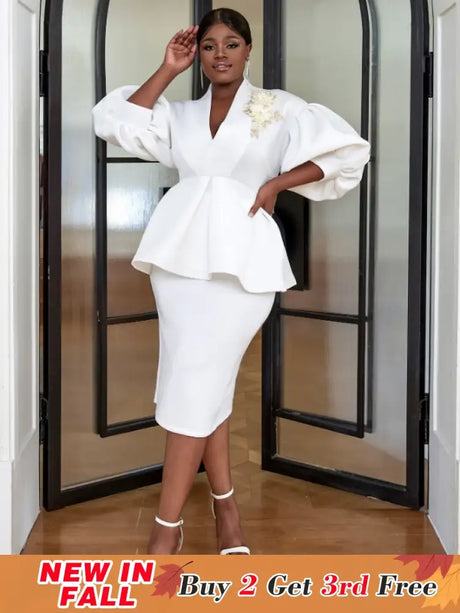 AOMEI Women White High Waist Peplum Top 2 Piece Set