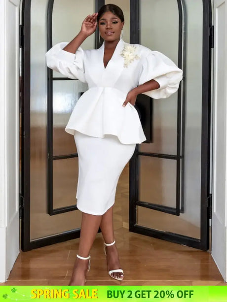 AOMEI Women White High Waist Peplum Top 2 Piece Set