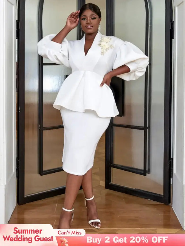 AOMEI Women White High Waist Peplum Top 2 Piece Set