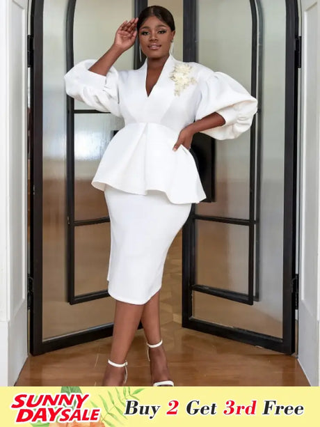 AOMEI Women White High Waist Peplum Top 2 Piece Set