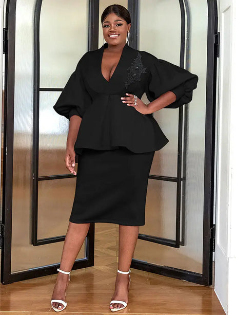 AOMEI Women White High Waist Peplum Top 2 Piece Set Black / S