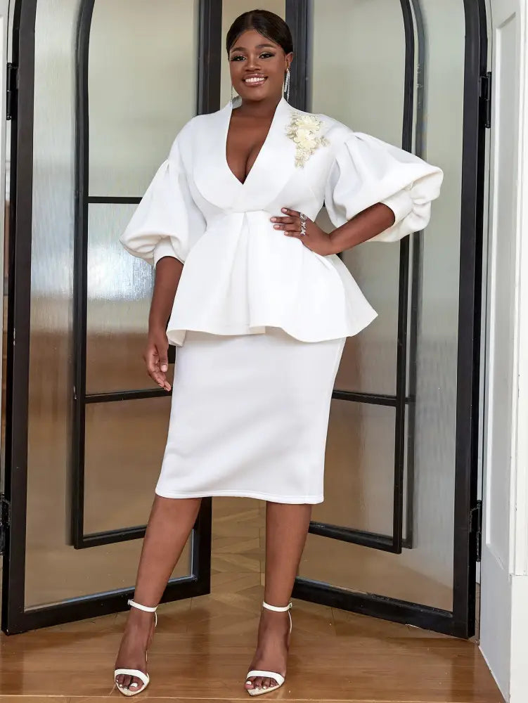 AOMEI Women White High Waist Peplum Top 2 Piece Set White / S