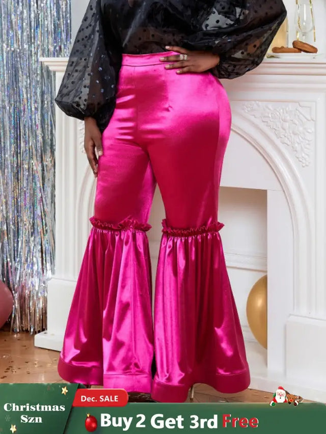 AOMEI Women‘s Fuchsia Elastic Satin Flare Pants Shiny