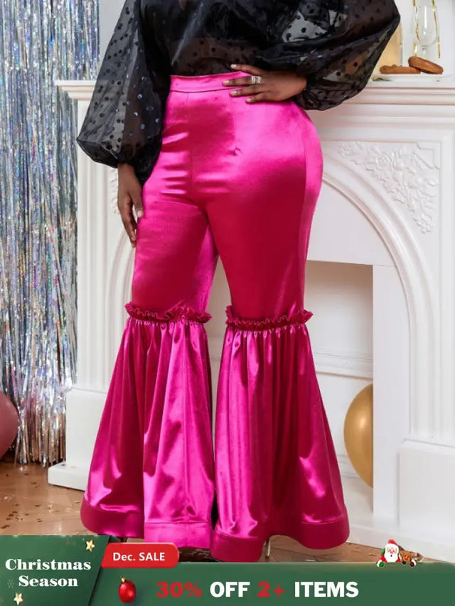 AOMEI Women‘s Fuchsia Elastic Satin Flare Pants Shiny