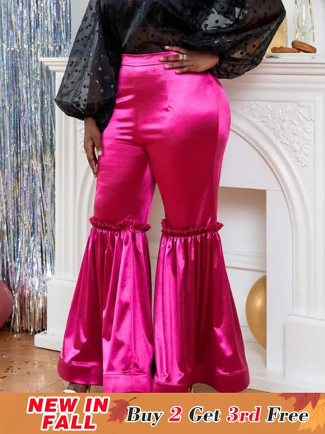 AOMEI Women‘s Fuchsia Elastic Satin Flare Pants Shiny