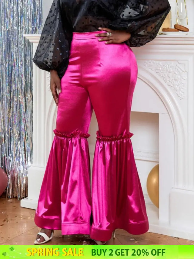AOMEI Women‘s Fuchsia Elastic Satin Flare Pants Shiny
