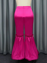 AOMEI Women‘s Fuchsia Elastic Satin Flare Pants Shiny