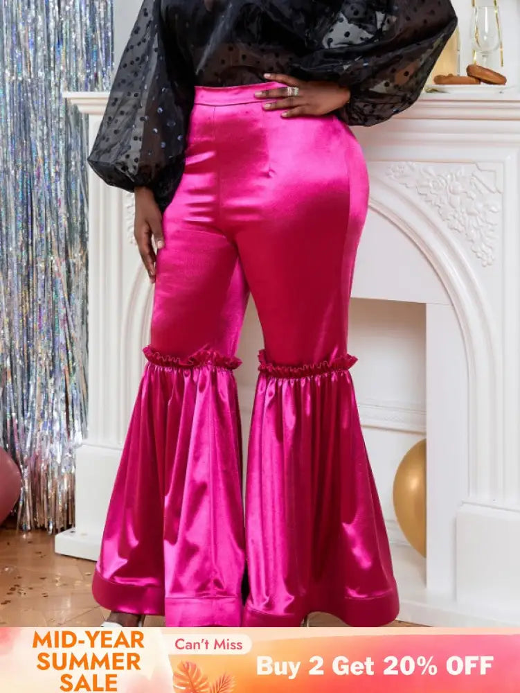 AOMEI Women‘s Fuchsia Elastic Satin Flare Pants Shiny