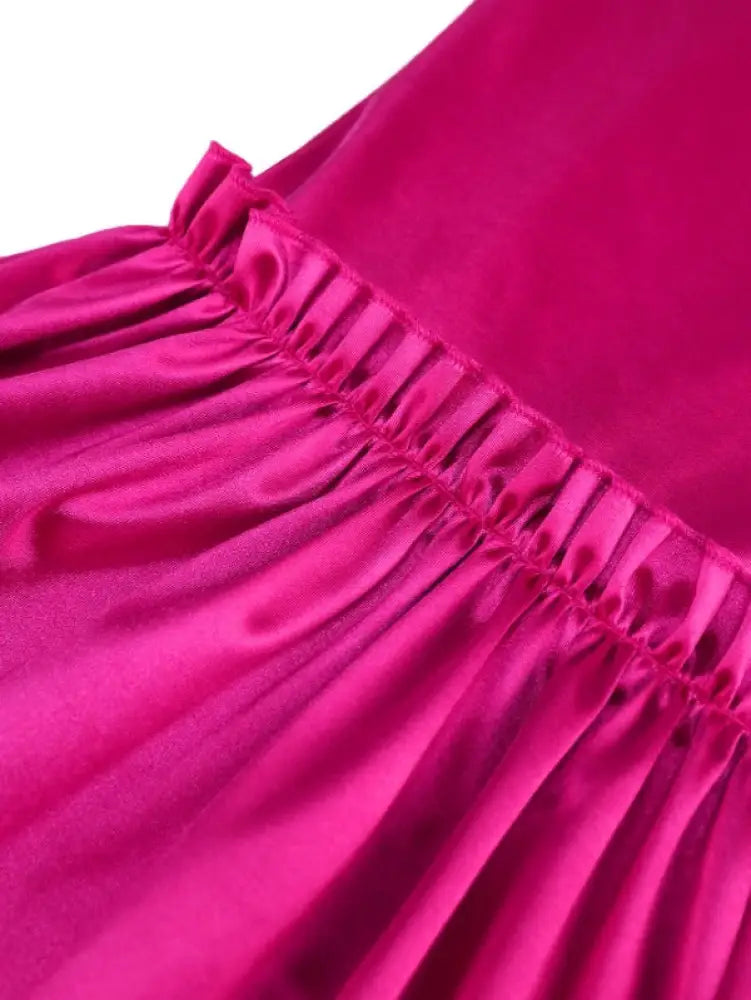 AOMEI Women‘s Fuchsia Elastic Satin Flare Pants Shiny