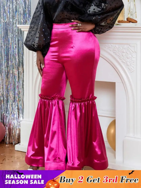 AOMEI Women‘s Fuchsia Elastic Satin Flare Pants Shiny