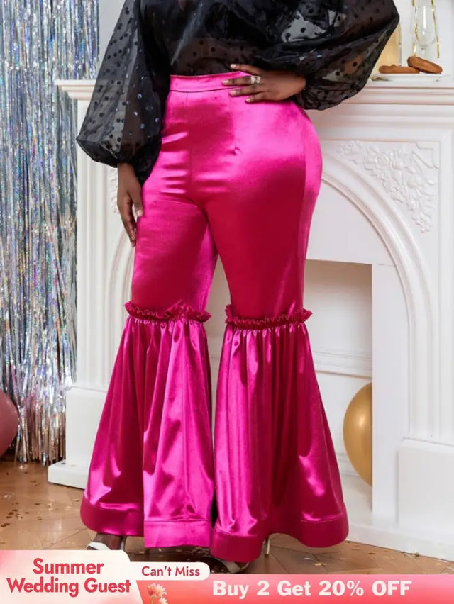 AOMEI Women‘s Fuchsia Elastic Satin Flare Pants Shiny