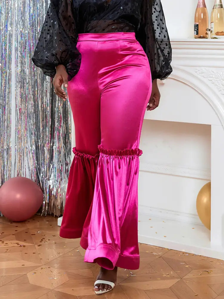 AOMEI Women‘s Fuchsia Elastic Satin Flare Pants Shiny Rose / S