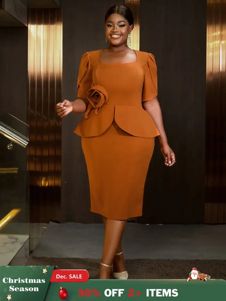 AOMEIDRESS 3D Floral Solid Color Dress Square Neck Long Sleeved Brown / S