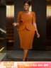 AOMEIDRESS 3D Floral Solid Color Dress Square Neck Long Sleeved Brown / S