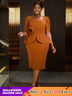 AOMEIDRESS 3D Floral Solid Color Dress Square Neck Long Sleeved Brown / S