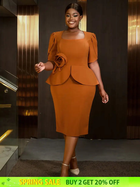 AOMEIDRESS 3D Floral Solid Color Dress Square Neck Long Sleeved Brown / S